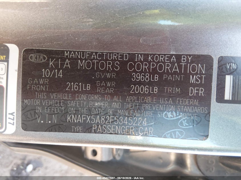 2015 Kia Forte VIN KNAFX5A82F5345224 IAAI salvage auction — LEFT FRONT, Salvage (Arizona), sold $1,100 on 2026-07-14 (photo 9)