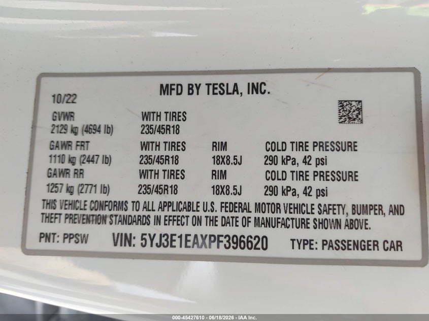 2023 Tesla Model 3 VIN 5YJ3E1EAXPF396620 IAAI salvage auction — FRONT END, Salvage Title, sold $4,250 on 2026-07-29 (photo 9)