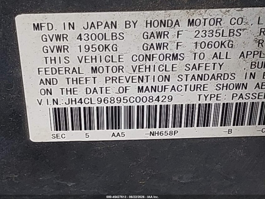 2005 Acura Tsx VIN JH4CL96895C008429 IAAI salvage auction — LEFT SIDE, Salvage (Texas), sold $550 on 2026-07-21 (photo 9)