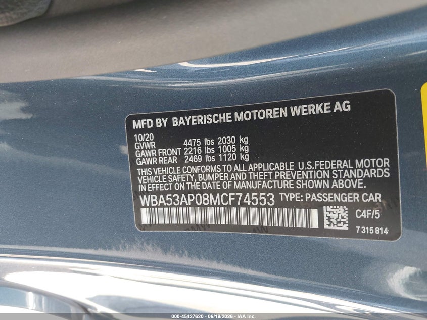2021 BMW 4er VIN WBA53AP08MCF74553 IAAI salvage auction — LEFT SIDE, Salvage Title, sold $13,800 on 2026-07-27 (photo 9)