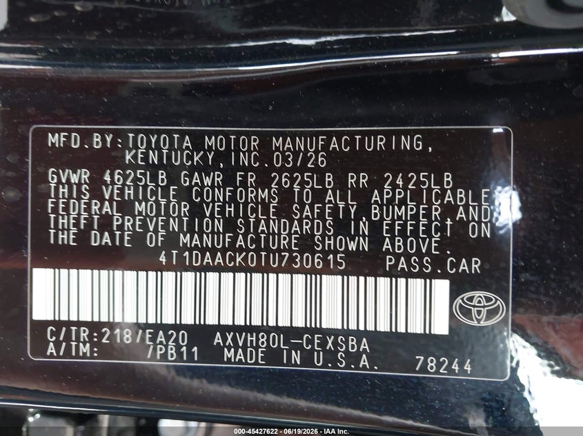 2026 Toyota Camry VIN 4T1DAACK0TU730615 IAAI salvage auction — FRONT END, Salvage Title, sold $11,800 on 2026-08-01 (photo 9)