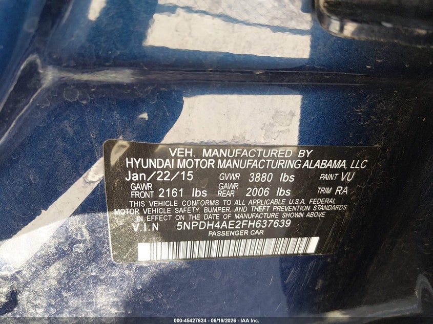 2015 Hyundai Elantra VIN 5NPDH4AE2FH637639 IAAI salvage auction — FRONT END, Original (Texas), sold $2,400 on 2026-08-02 (photo 9)
