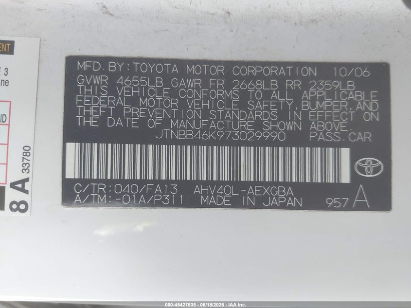 2007 Toyota Camry hybrid VIN JTNBB46K973029990 IAAI salvage auction — FRONT & REAR, Salvage (California), sold $25 on 2026-07-22 (photo 9)