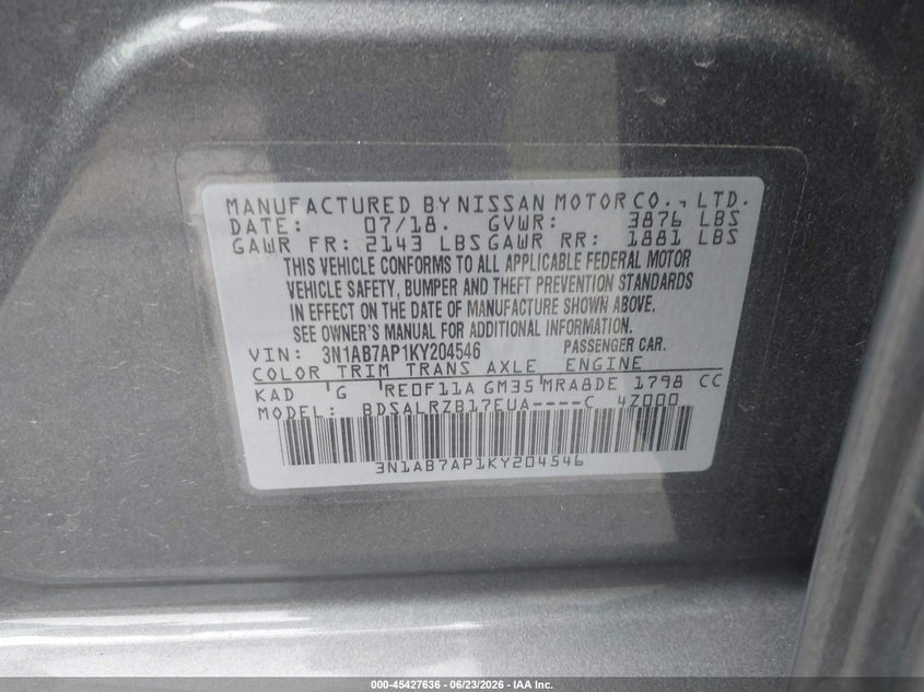 2019 Nissan Sentra VIN 3N1AB7AP1KY204546 IAAI salvage auction — REAR END, Salvage Title, sold $1,350 on 2026-07-29 (photo 9)