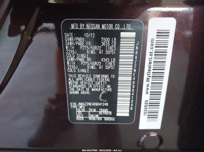 2013 Infiniti Qx56 VIN JN8AZ2NE4D9041246 IAAI salvage auction — NORMAL WEAR, Clear (Florida), sold $2,625 on 2026-07-15 (photo 9)