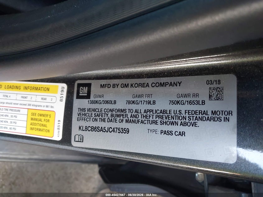 2018 Chevrolet Spark VIN KL8CB6SA5JC475359 IAAI salvage auction — FRONT END, Salvage Title, sold $1,550 on 2026-07-24 (photo 9)