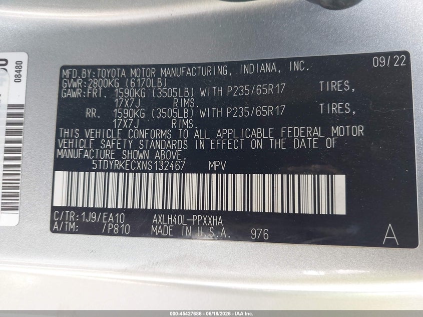 2022 Toyota Sienna VIN 5TDYRKECXNS132467 IAAI salvage auction — FRONT END, Salvage (California), sold $15,925 on 2026-07-13 (photo 9)