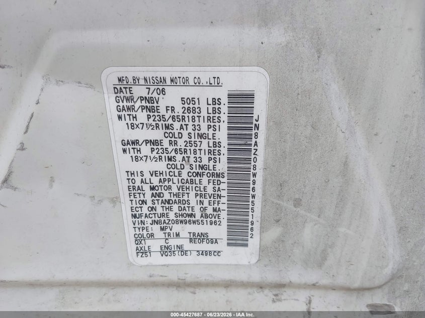 2006 Nissan Murano VIN JN8AZ08W96W551962 IAAI salvage auction — FRONT & REAR, Bill Of Sale (Washington), sold $300 on 2026-07-14 (photo 9)