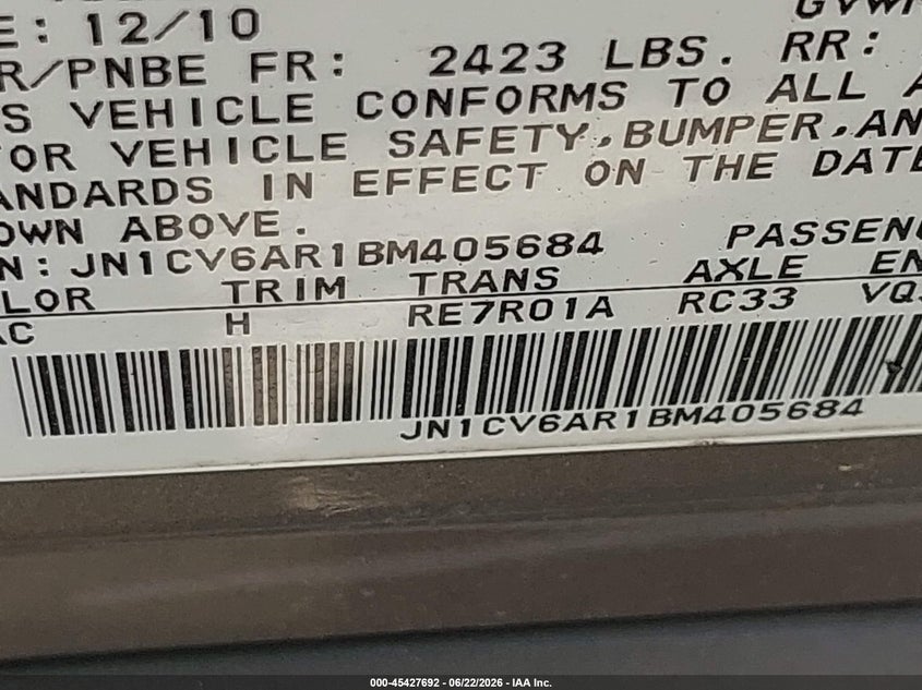 2011 Infiniti G37 VIN JN1CV6AR1BM405684 IAAI salvage auction — WATER/FLOOD, Salvage (Texas), sold $525 on 2026-07-17 (photo 9)