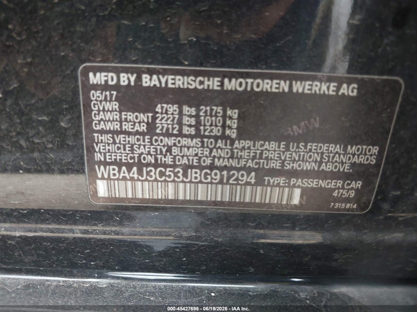 2018 BMW 4er VIN WBA4J3C53JBG91294 IAAI salvage auction — LEFT SIDE, Salvage Title, sold $11,450 on 2026-08-10 (photo 9)