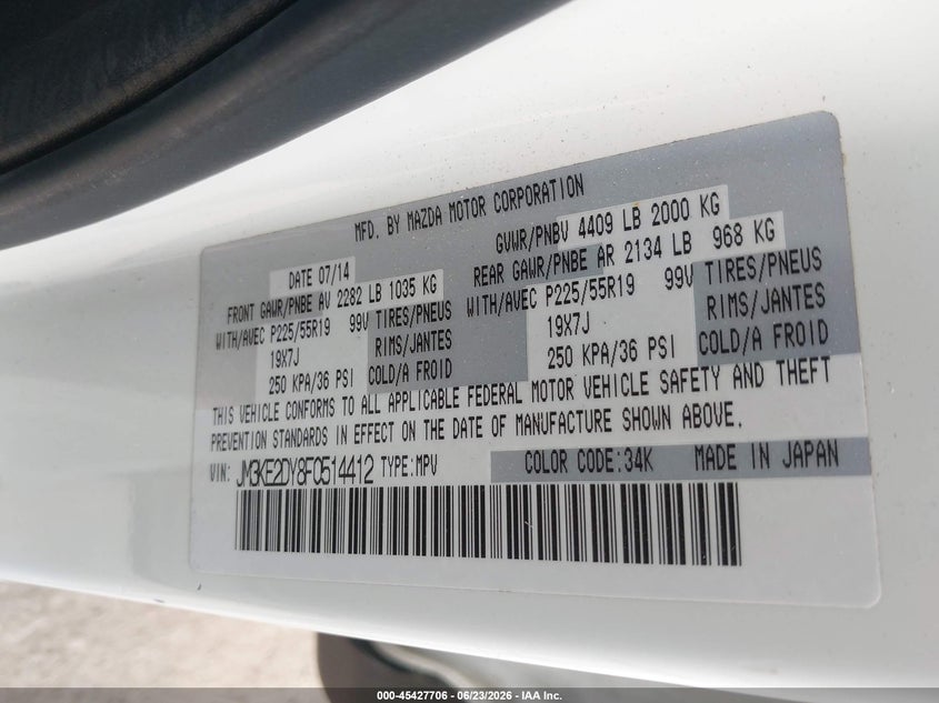 2015 Mazda Cx-5 VIN JM3KE2DY8F0514412 IAAI salvage auction — FRONT END, Salvage (California), sold $3,500 on 2026-07-15 (photo 9)