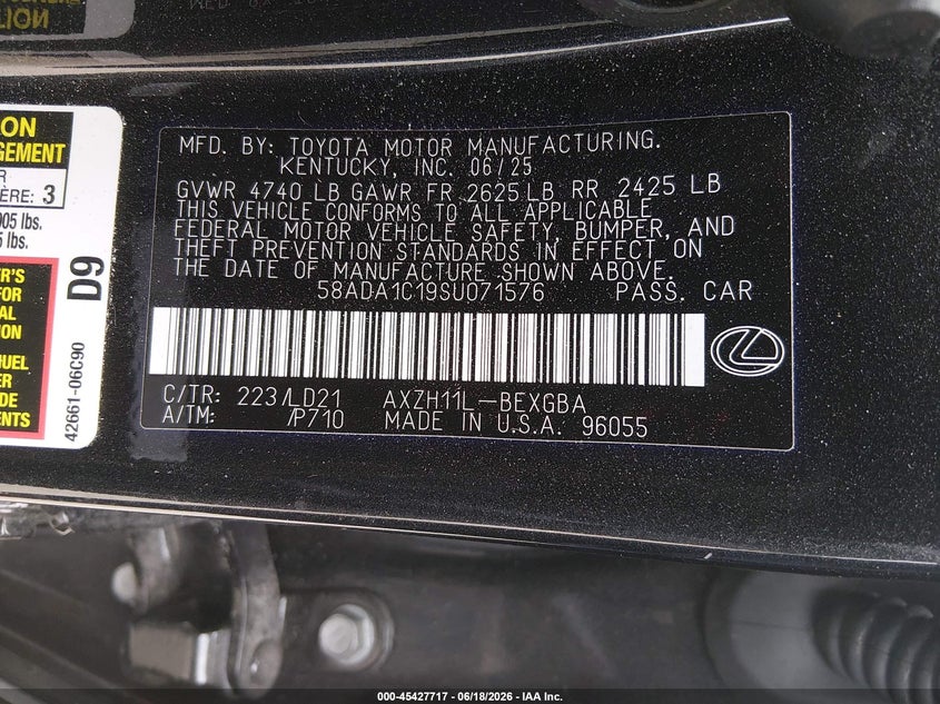 2025 Lexus Es 300h VIN 58ADA1C19SU071576 IAAI salvage auction — FRONT END, Salvage (California), sold $21,850 on 2026-07-29 (photo 9)