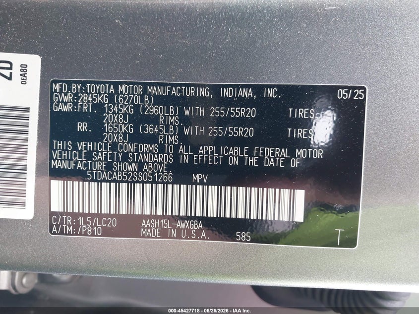 2025 Toyota Highlander VIN 5TDACAB52SS051266 IAAI salvage auction — FRONT END, Salvage Title, sold $20,975 on 2026-07-15 (photo 9)