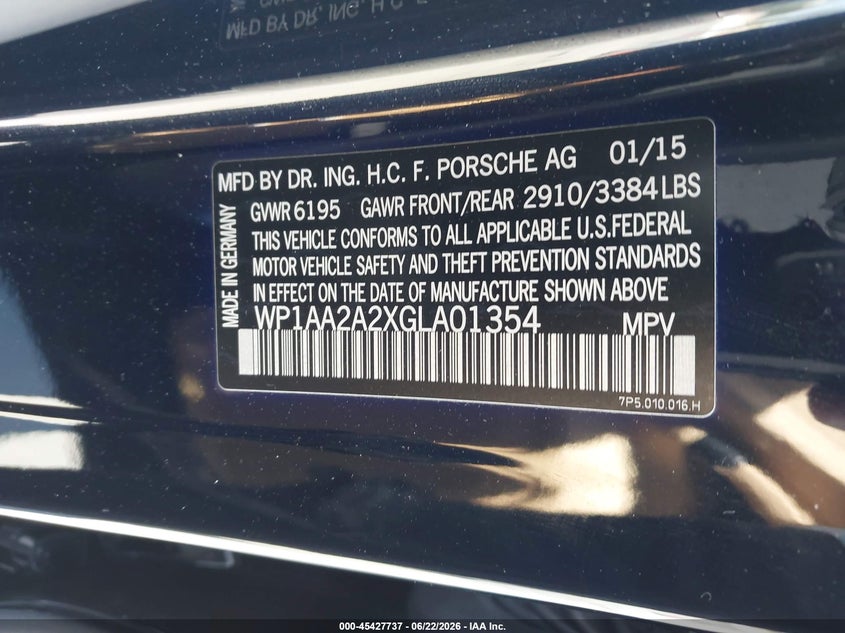 2016 Porsche Cayenne VIN WP1AA2A2XGLA01354 IAAI salvage auction — FRONT END, Salvage (California), sold $4,900 on 2026-07-20 (photo 9)
