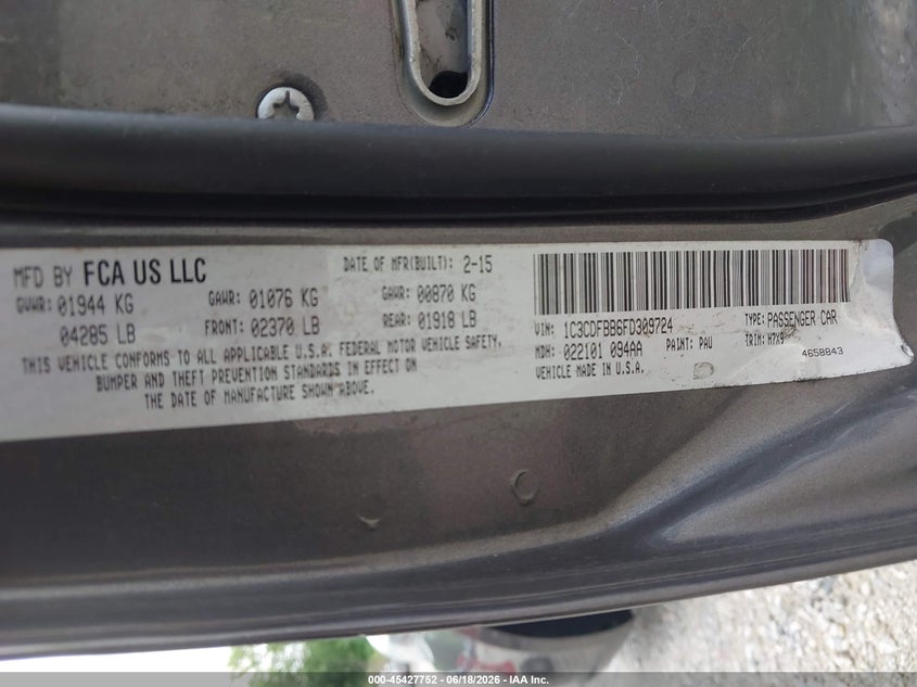 2015 Dodge Dart VIN 1C3CDFBB6FD309724 IAAI salvage auction — VANDALISM, Salvage Title, sold $350 on 2026-07-31 (photo 9)