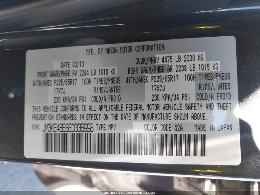 2014 Mazda Cx-5 VIN JM3KE4BE8E0335998 IAAI salvage auction — NORMAL WEAR, Clear - Dealer Only (California), sold $2,100 on 2026-07-06 (photo 9)