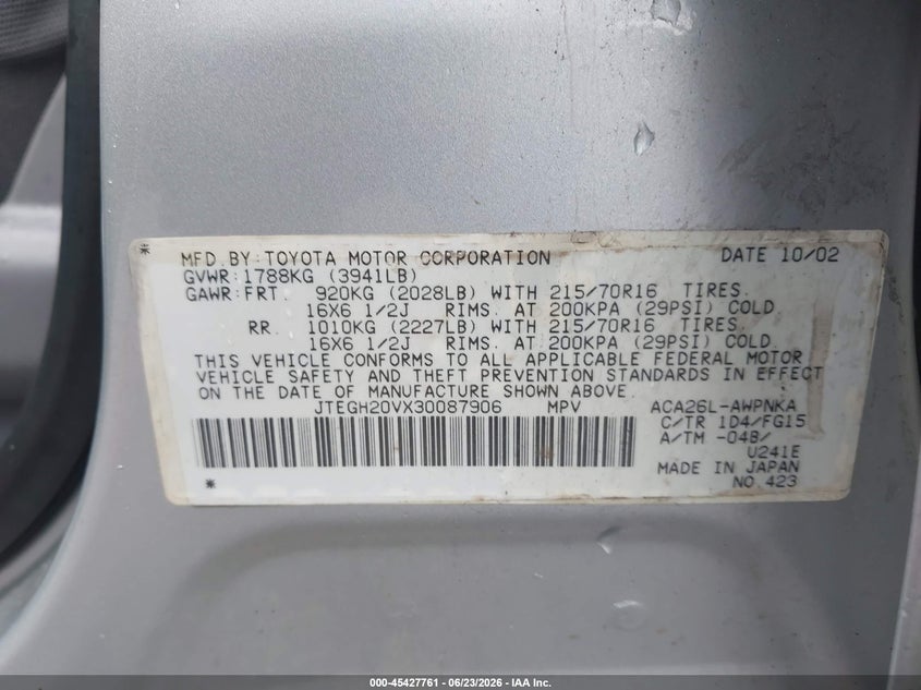 2003 Toyota Rav4 VIN JTEGH20VX30087906 IAAI salvage auction — NORMAL WEAR, Clear (New Jersey), sold $1,050 on 2026-07-06 (photo 9)