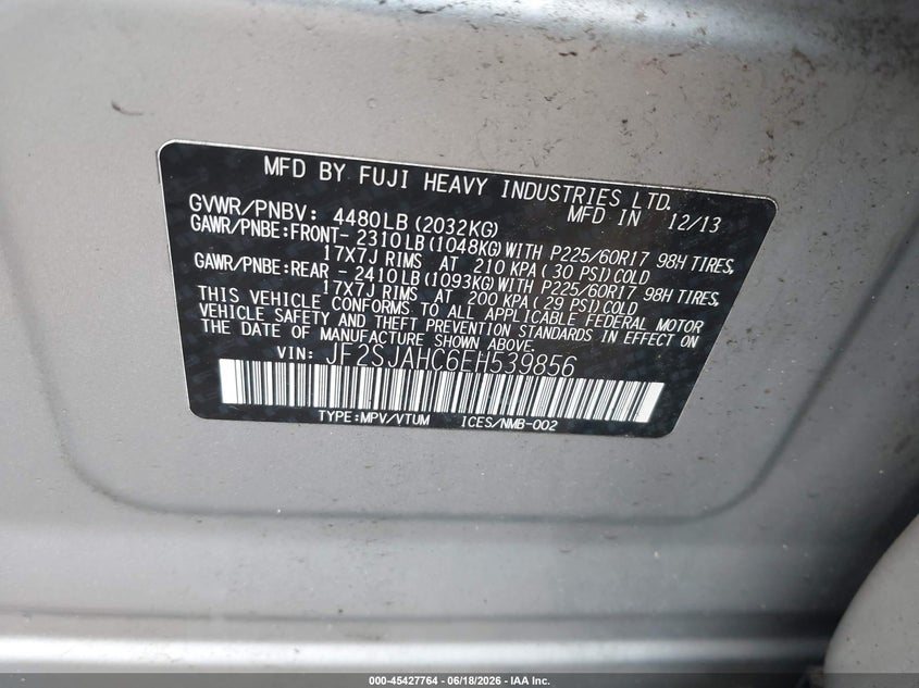 2014 Subaru Forester VIN JF2SJAHC6EH539856 IAAI salvage auction — NORMAL WEAR, Clear (New York), sold $450 on 2026-07-28 (photo 9)