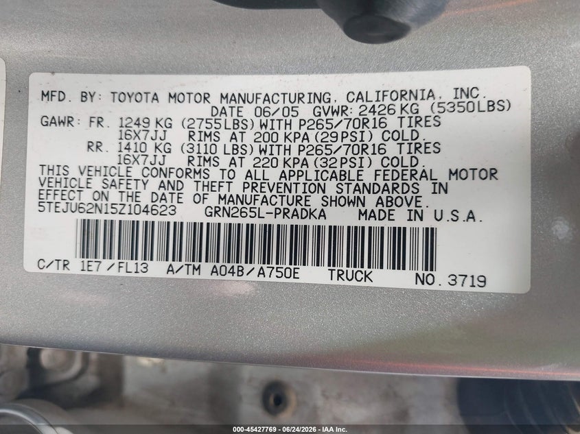 2005 Toyota Tacoma VIN 5TEJU62N15Z104623 IAAI salvage auction — FRONT END, Salvage (Arizona), sold $2,250 on 2026-07-21 (photo 9)