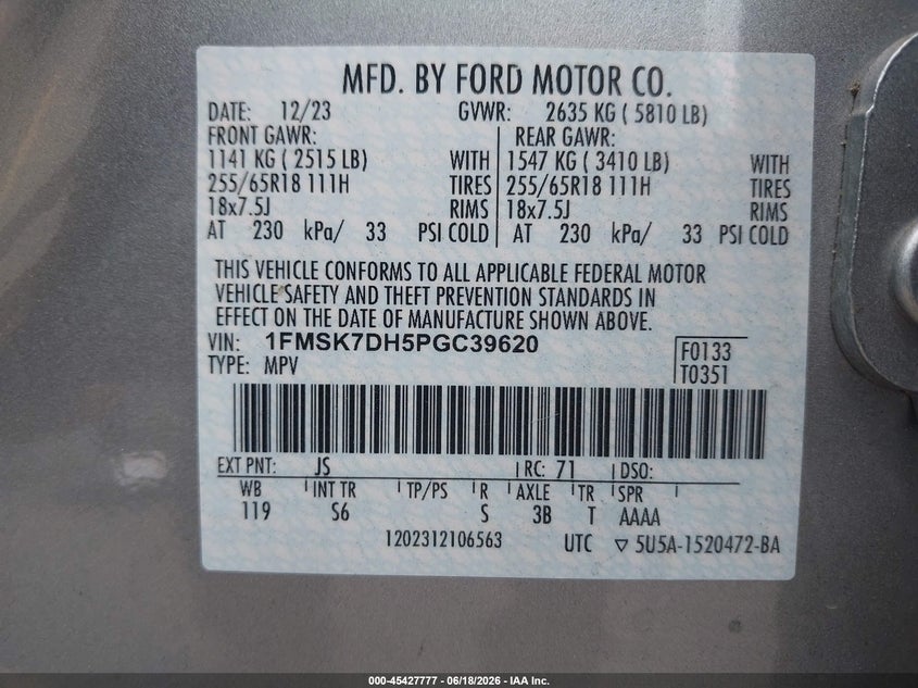 2023 Ford Explorer VIN 1FMSK7DH5PGC39620 IAAI salvage auction — FRONT END, Salvage Title, sold $7,400 on 2026-07-29 (photo 9)
