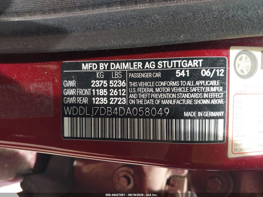 2013 Mercedes-benz Cls-klasse VIN WDDLJ7DB4DA058049 IAAI salvage auction — UNDERCARRIAGE, Original (Texas), sold $2,900 on 2026-08-17 (photo 9)