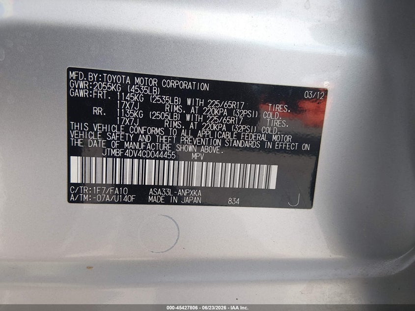 2012 Toyota Rav 4 VIN JTMBF4DV4CD044455 IAAI salvage auction — FRONT END, Salvage Title, sold $2,450 on 2026-08-02 (photo 9)