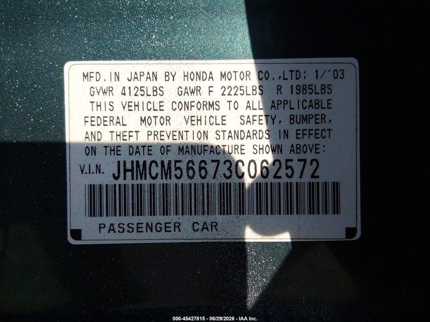 2003 Honda Accord VIN JHMCM56673C062572 IAAI salvage auction — REAR END, Clear (Massachusetts), sold $300 on 2026-07-08 (photo 9)