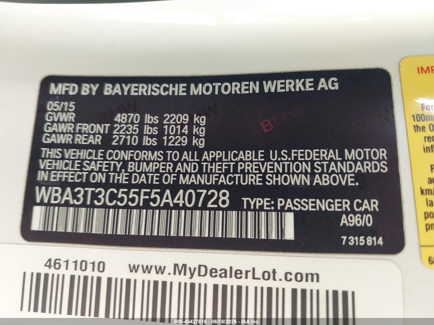 2015 BMW 4er VIN WBA3T3C55F5A40728 IAAI salvage auction — FRONT & REAR, Salvage Title, sold $4,750 on 2026-08-19 (photo 9)