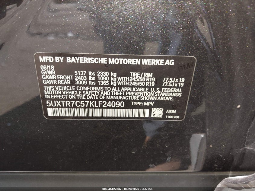 2019 BMW X3 VIN 5UXTR7C57KLF24090 IAAI salvage auction — RIGHT REAR, Salvage Title, sold $7,800 on 2026-07-31 (photo 9)