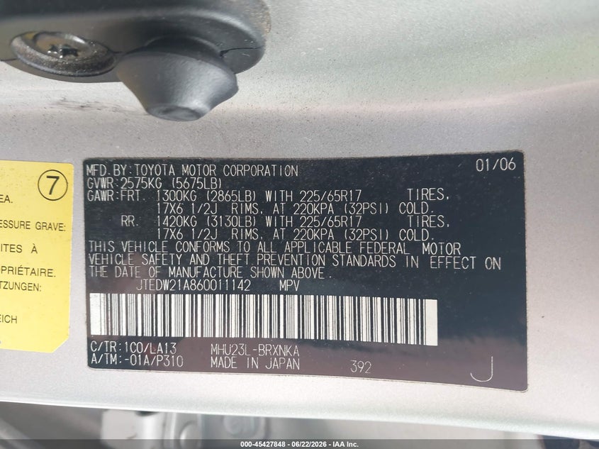2006 Toyota Highlander hybrid VIN JTEDW21A860011142 IAAI salvage auction — NORMAL WEAR, Clear (Mississippi), sold $500 on 2026-07-24 (photo 9)