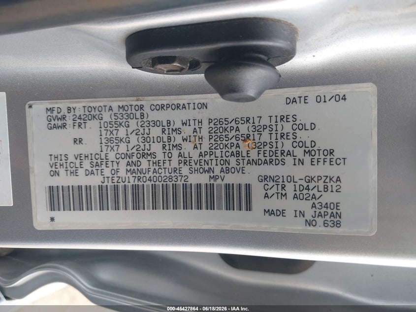2004 Toyota 4runner VIN JTEZU17R040028372 IAAI salvage auction — RIGHT SIDE, Salvage (California), sold $1,650 on 2026-07-29 (photo 9)