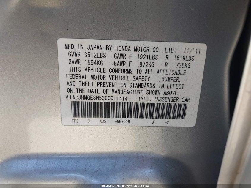 2012 Honda Fit VIN JHMGE8H53CC011414 IAAI salvage auction — FRONT END, Salvage Title, sold $1,100 on 2026-07-29 (photo 9)