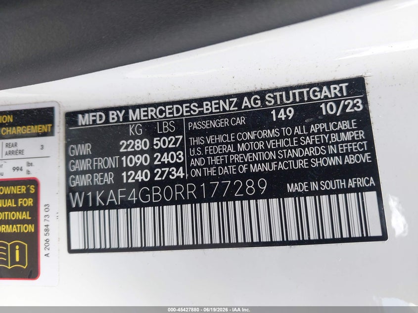 2024 Mercedes-benz C-klasse VIN W1KAF4GB0RR177289 IAAI salvage auction — REAR END, Salvage Title, sold $15,500 on 2026-07-29 (photo 9)