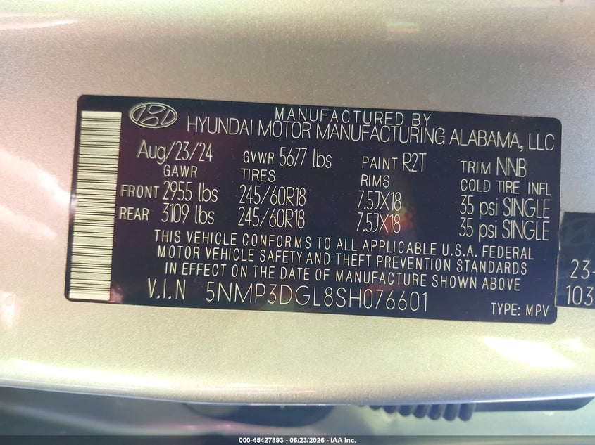 2025 Hyundai Santa fe VIN 5NMP3DGL8SH076601 IAAI salvage auction — LEFT SIDE, Salvage (Arizona), sold $11,400 on 2026-07-28 (photo 9)