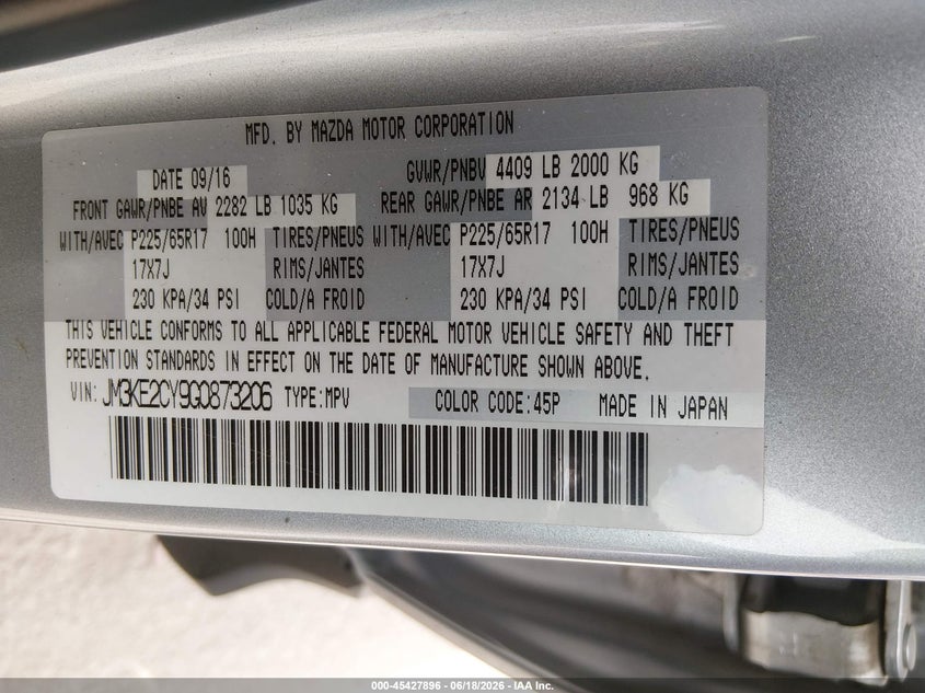 2016 Mazda Cx-5 VIN JM3KE2CY9G0873206 IAAI salvage auction — FRONT END, Salvage Title, sold $2,000 on 2026-07-22 (photo 9)