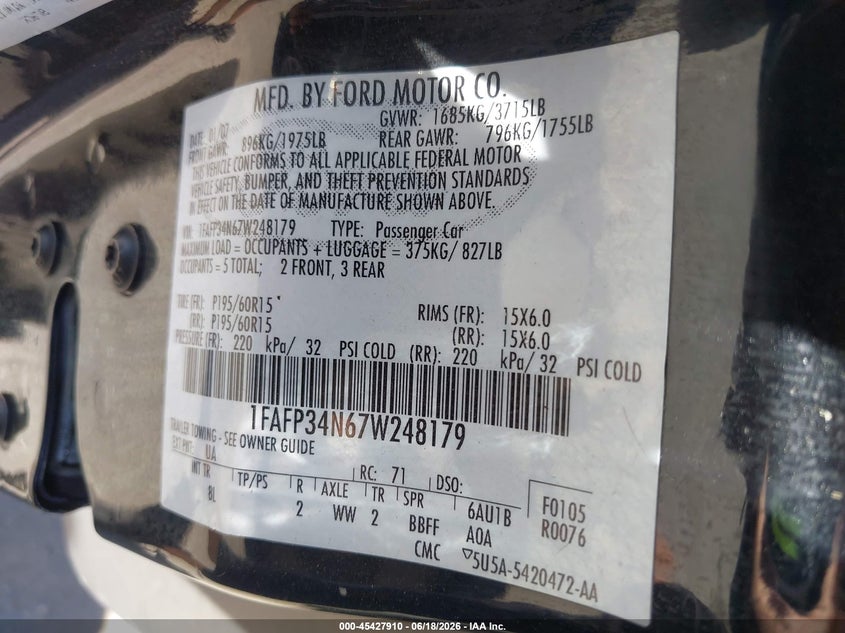 2007 Ford Focus VIN 1FAFP34N67W248179 IAAI salvage auction — FRONT & REAR, Clear (Utah), sold $275 on 2026-07-09 (photo 9)