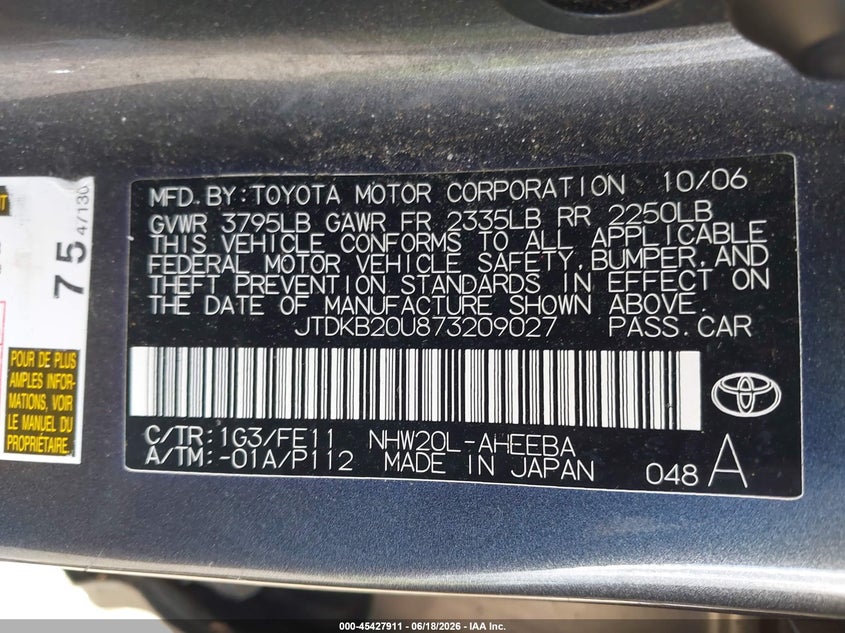 2007 Toyota Prius VIN JTDKB20U873209027 IAAI salvage auction — NORMAL WEAR, Clear-Endorsement (Wisconsin), sold $600 on 2026-07-14 (photo 9)