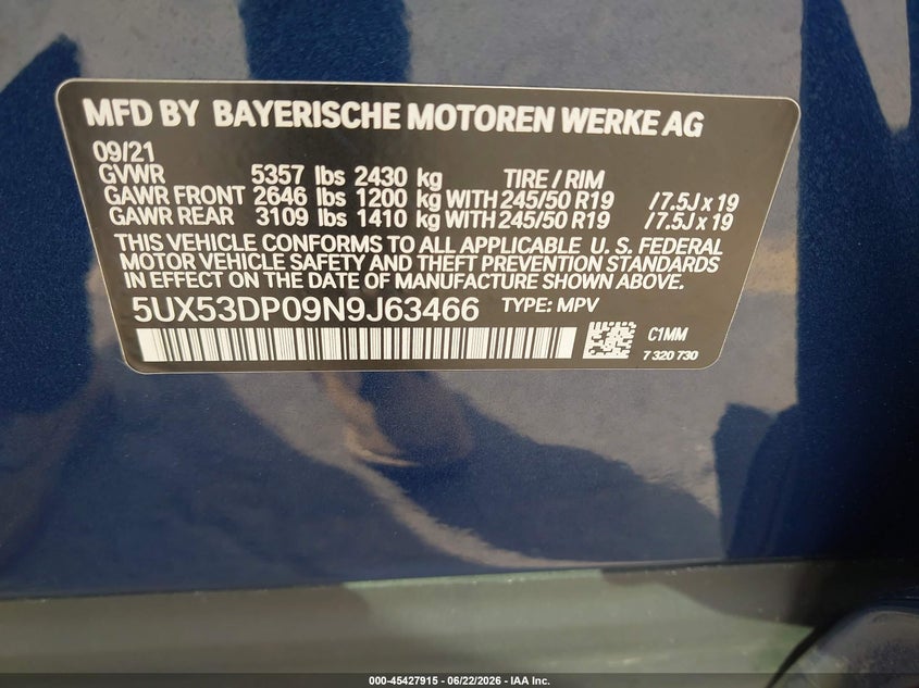 2022 BMW X3 VIN 5UX53DP09N9J63466 IAAI salvage auction — FRONT END, Salvage (California), sold $15,300 on 2026-07-06 (photo 9)