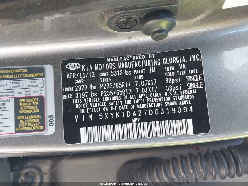 2013 Kia Sorento VIN 5XYKTDA27DG319094 IAAI salvage auction — NORMAL WEAR, Clear-Dealer Only (Alaska), sold $725 on 2026-07-29 (photo 9)