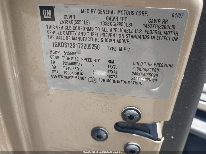 2007 Gmc Envoy VIN 1GKDS13S172209250 IAAI salvage auction — RIGHT FRONT, Salvage (Arizona), sold $375 on 2026-08-19 (photo 9)