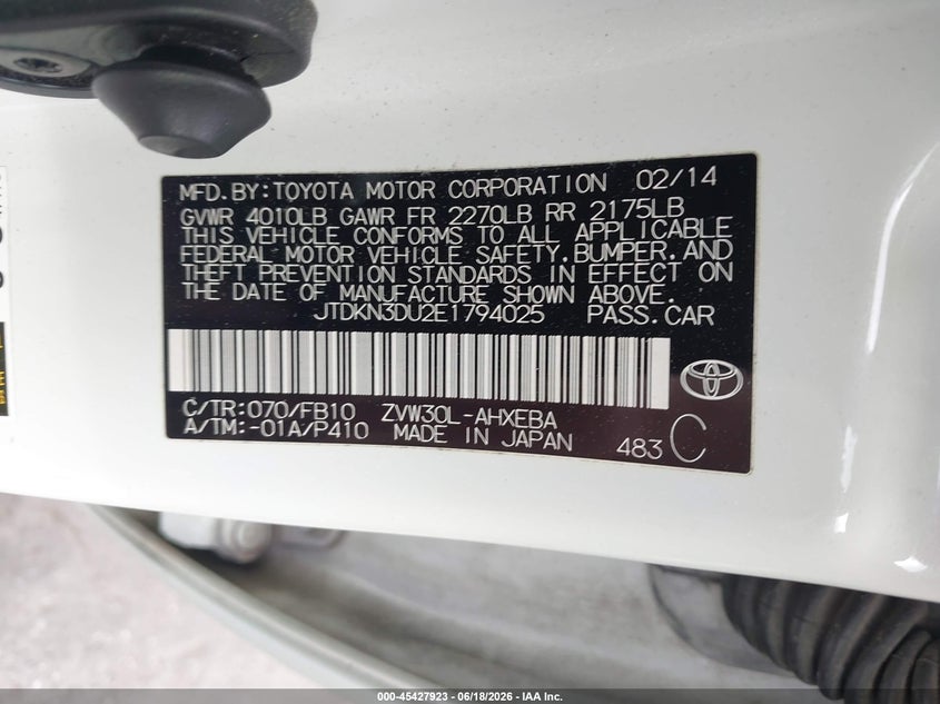 2014 Toyota Prius VIN JTDKN3DU2E1794025 IAAI salvage auction — NORMAL WEAR, Clear (North Carolina), sold $3,950 on 2026-07-23 (photo 9)