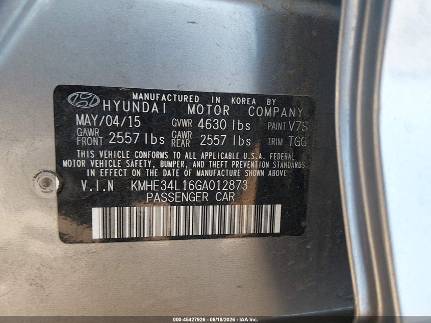 2016 Hyundai Sonata VIN KMHE34L16GA012873 IAAI salvage auction — FRONT END, Salvage Title, sold $25 on 2026-07-21 (photo 9)