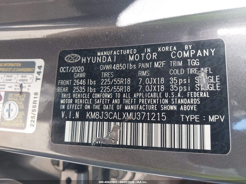 2021 Hyundai Tucson VIN KM8J3CALXMU371215 IAAI salvage auction — FRONT END, Bill Of Sale (Washington), sold $2,200 on 2026-07-14 (photo 9)