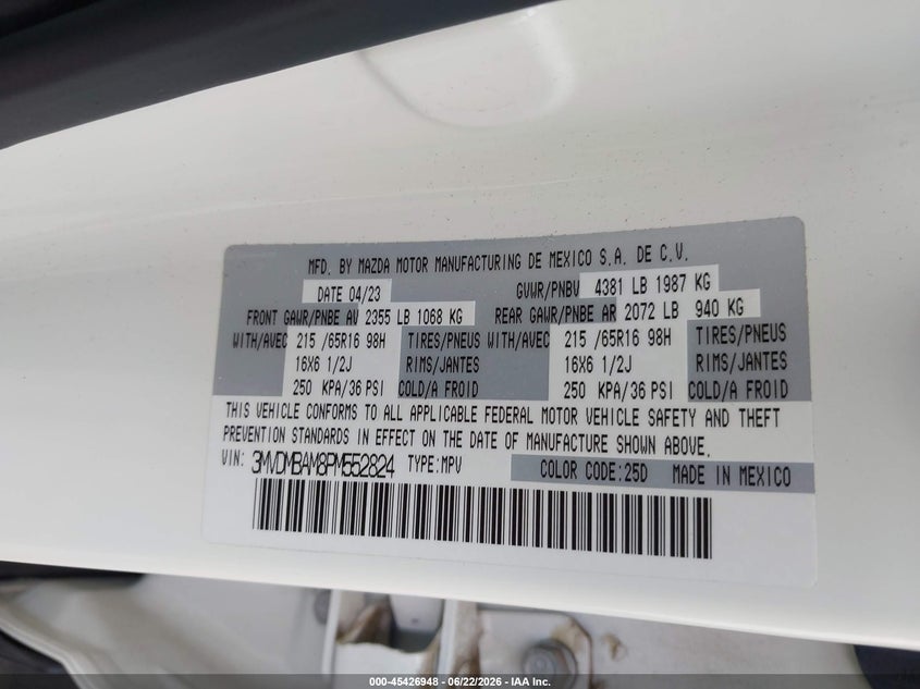 2023 Mazda Cx-30 VIN 3MVDMBAM8PM552824 IAAI salvage auction — SUSPENSION, Original (Texas), sold $8,000 on 2026-09-01 (photo 9)