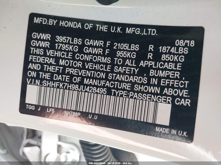 2018 Honda Civic VIN SHHFK7H98JU428495 IAAI salvage auction — RIGHT FRONT, Salvage Title, sold $5,900 on 2026-07-15 (photo 9)