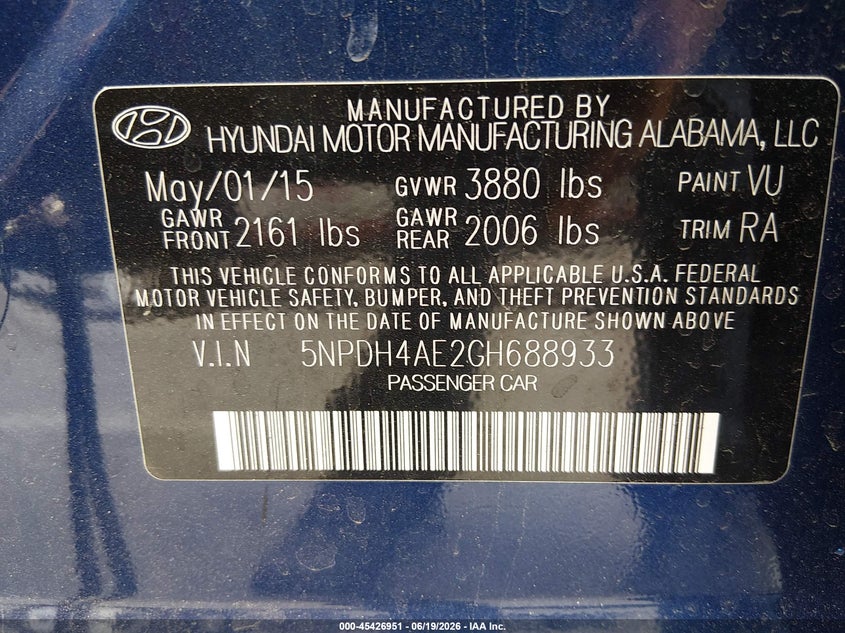 2016 Hyundai Elantra VIN 5NPDH4AE2GH688933 IAAI salvage auction — NORMAL WEAR, Salvage (California), sold $1,550 on 2026-07-09 (photo 9)