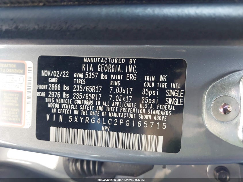 2023 Kia Sorento VIN 5XYRG4LC2PG165715 IAAI salvage auction — REAR END, Salvage (California), sold $5,550 on 2026-07-17 (photo 9)