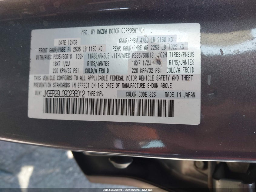 2009 Mazda Cx-7 VIN JM3ER29L090236012 IAAI salvage auction — RIGHT SIDE, Salvage (California), sold $450 on 2026-07-16 (photo 9)