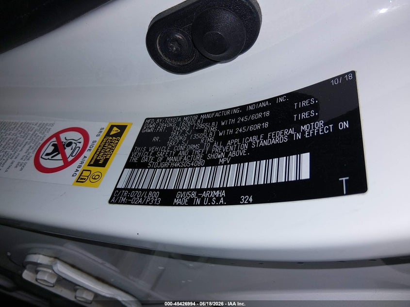 2019 Toyota Highlander VIN 5TDJGRFH4K5054080 IAAI salvage auction — REAR END, Salvage Title, sold $8,800 on 2026-07-12 (photo 9)