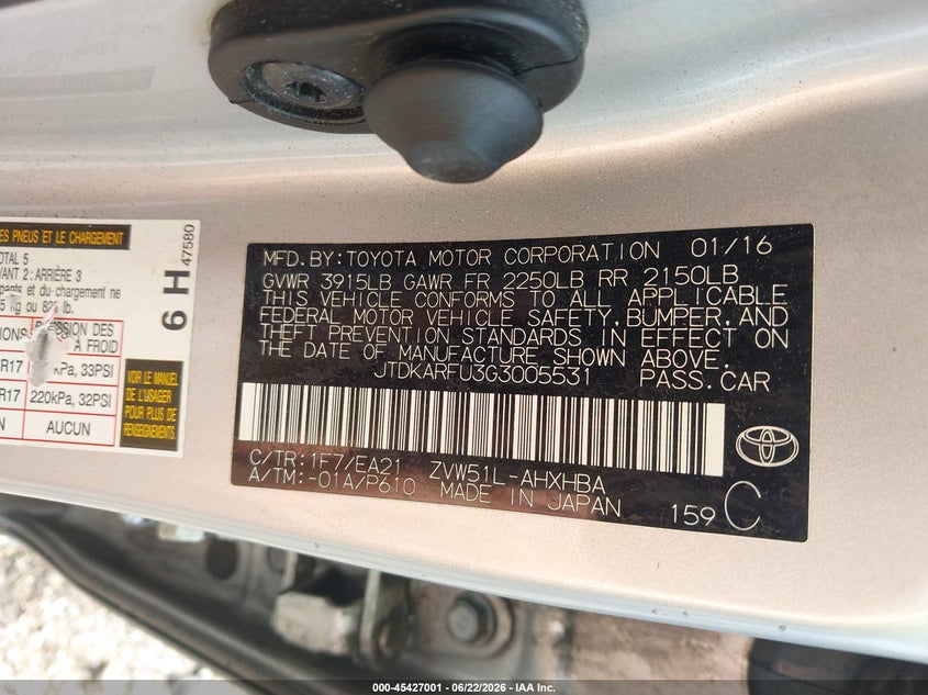 2016 Toyota Prius VIN JTDKARFU3G3005531 IAAI salvage auction — REAR END, Clear (Virginia), sold $1,550 on 2026-07-14 (photo 9)